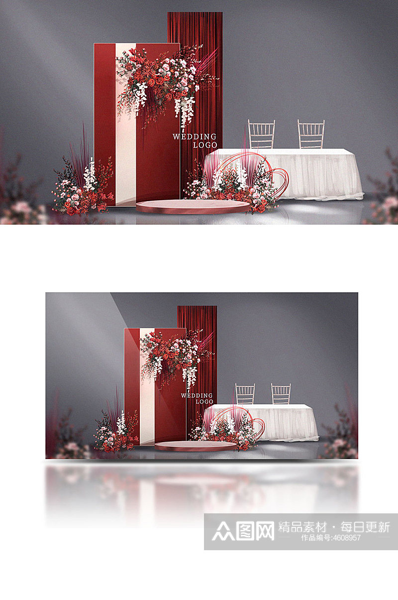 红色新中式户外签到区婚礼效果图合影背景板素材