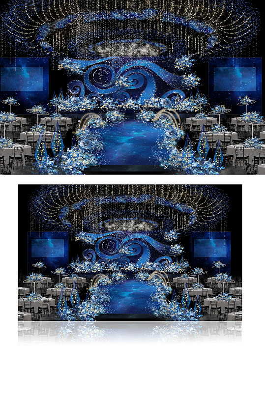 手绘蓝色梦幻星空婚礼效果图舞台仪式区-众图网