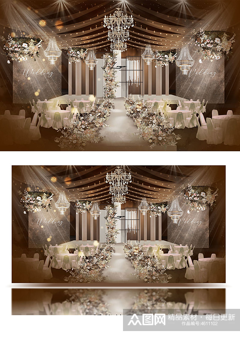 棕调韩式吊顶清新质感婚礼舞台效果图仪式素材