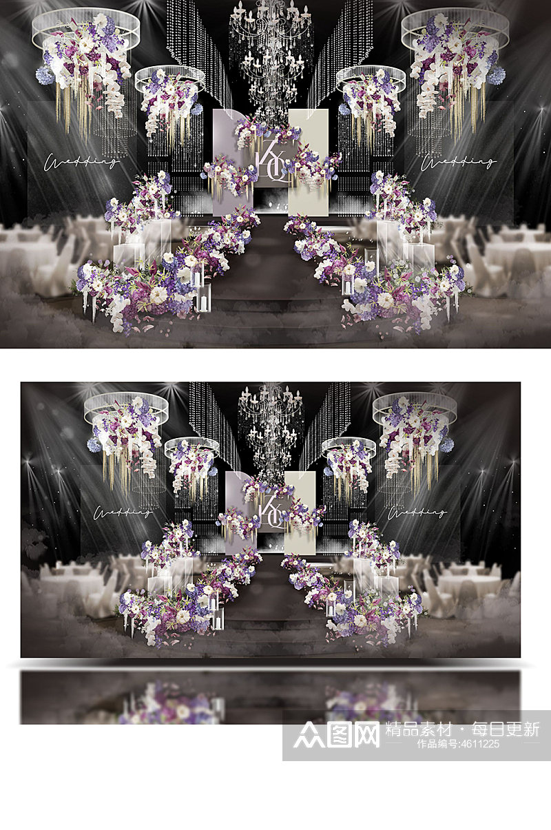 原创高级感韩式水晶白紫灰调婚礼舞台效果图素材