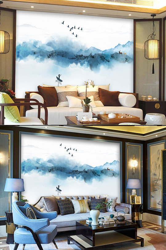 意境蓝色山水画客厅背景墙-众图网