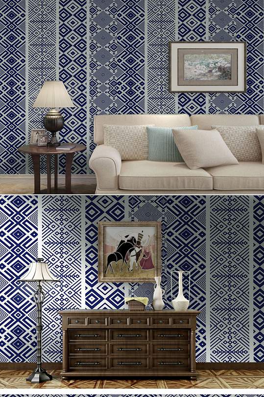 民族风蓝色几何图案墙纸-众图网