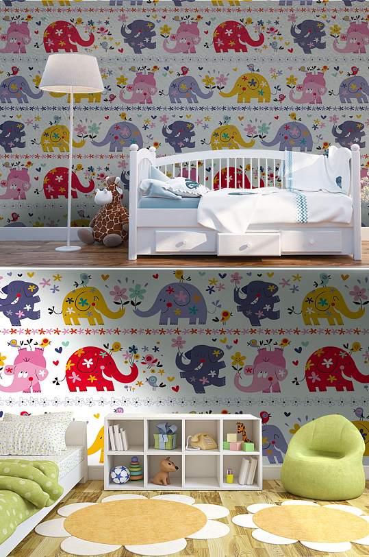 可爱卡通大象儿童房墙纸