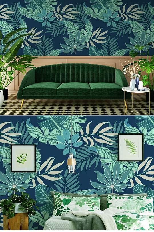 热带植物树叶蓝色墙纸-众图网