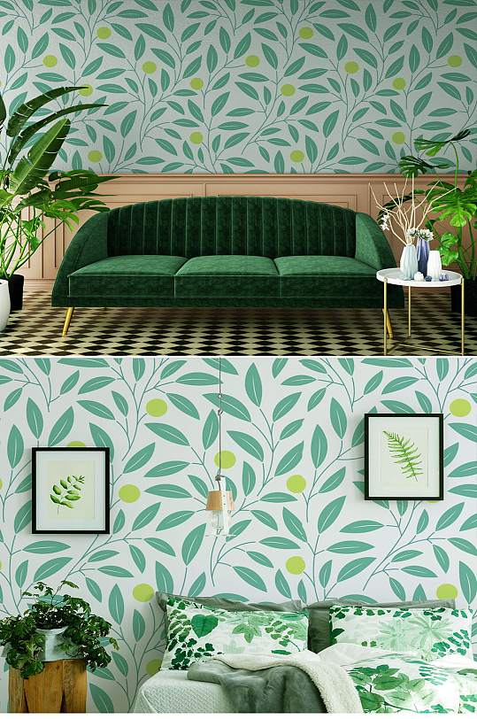 现代简约鲜花树叶墙纸-众图网