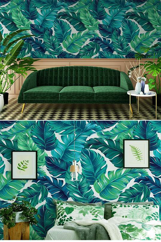现代简约热带植物叶子墙纸-众图网