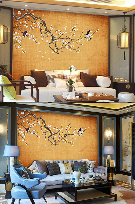 梅花工笔花鸟背景墙-众图网