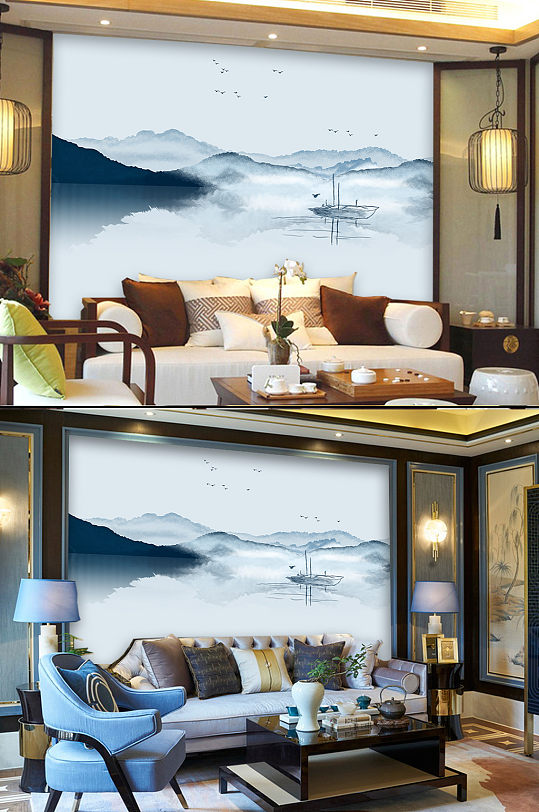 蓝色山水写意新中式沙发背景墙装饰画-众图网
