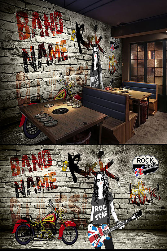 英文字母涂鸦背景墙摇滚音乐ktv酒吧背景墙复古怀旧青春聚会背景墙