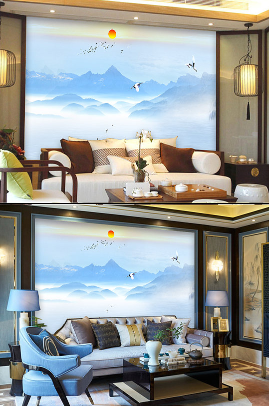 蓝色山水画背景墙-众图网