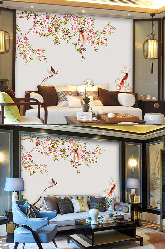 桃花工笔花鸟背景墙装饰画