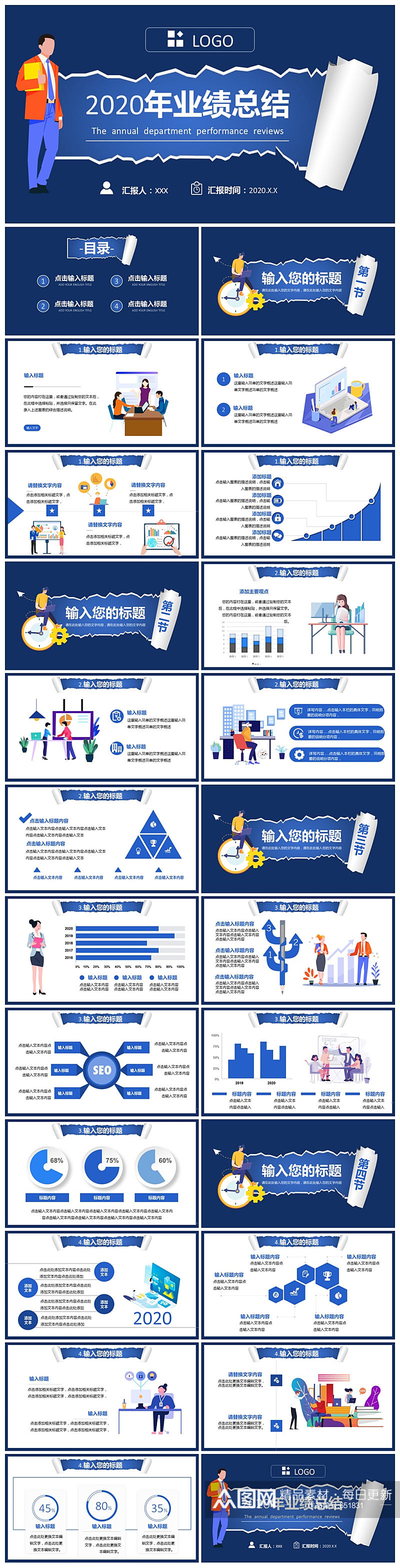 扁平风企业公司年度业绩通用PPT模板素材