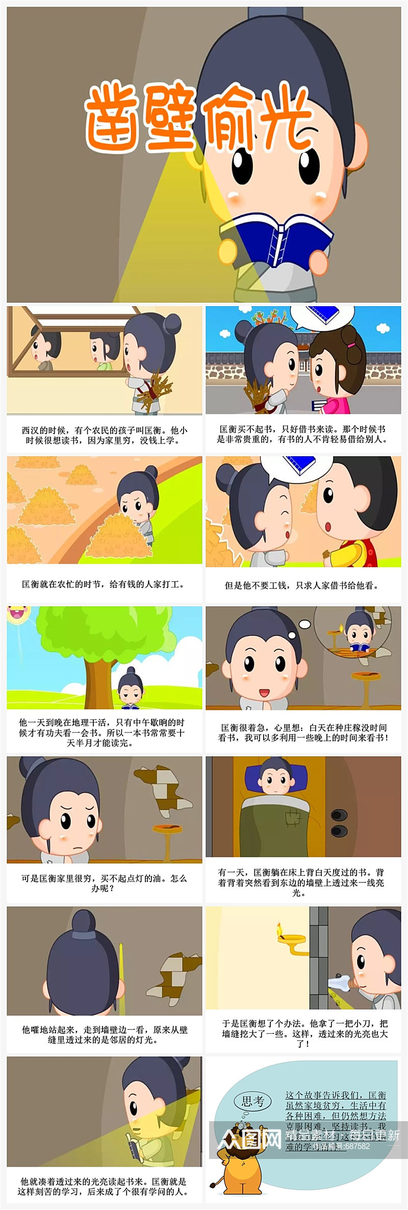 凿壁偷光卡通插画儿童成语故事绘本 小学生故事分享ppt素材