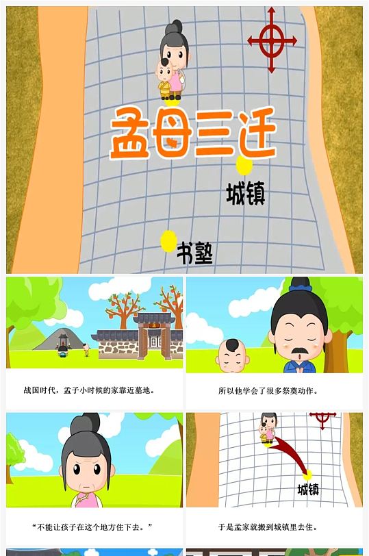 孟母三迁卡通插画儿童成语故事绘本 小学生故事分享ppt-众图网