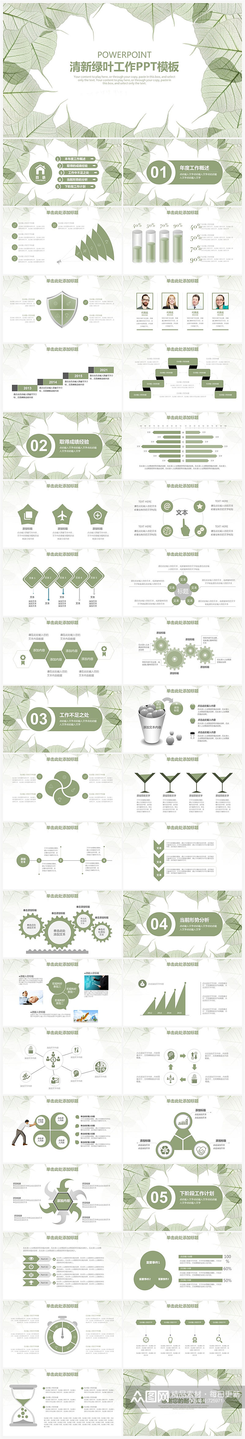 清新绿叶工作总结汇报PPT素材