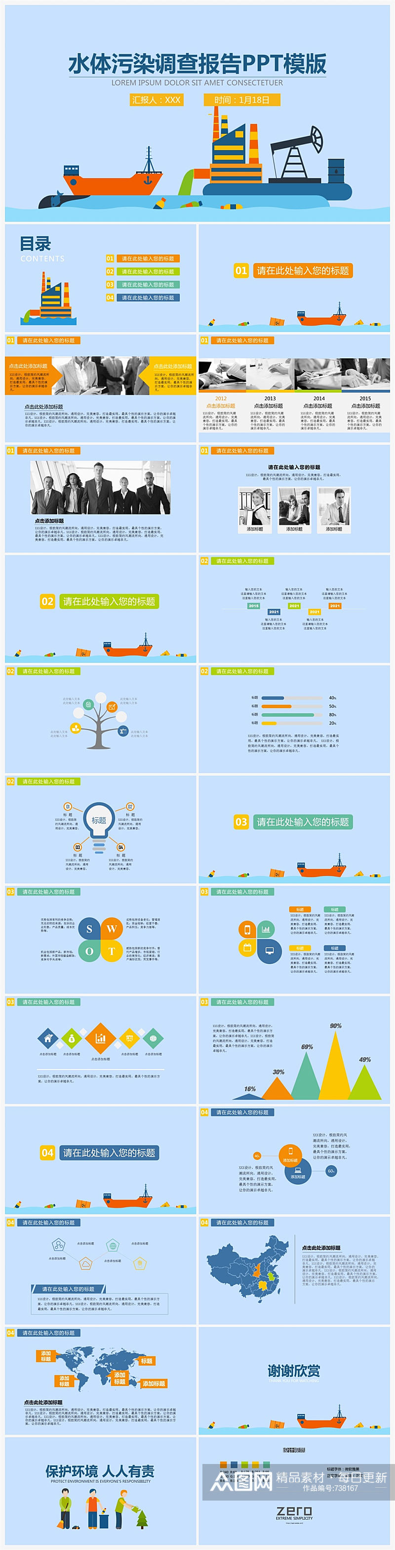 水体污染调查报告PPT模版素材