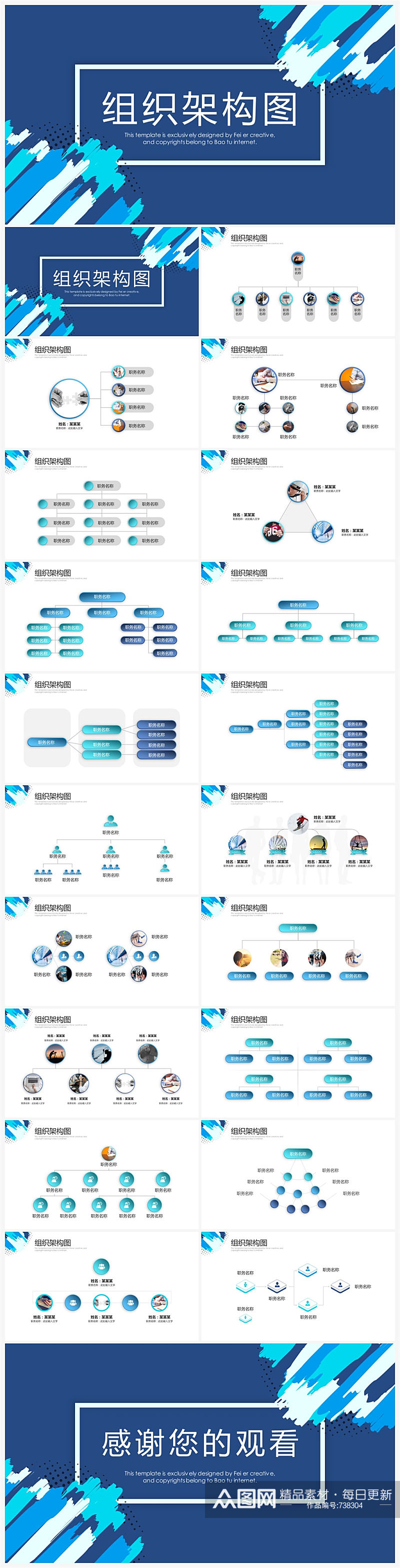 创意蓝色简约企业组织架构图PPT模板素材