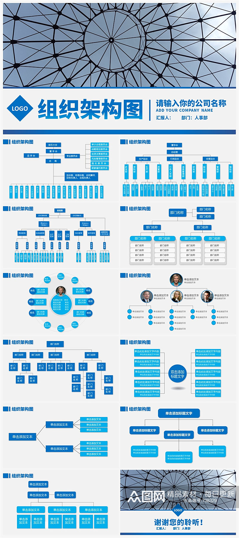 大气蓝色公司企业组织架构图PPT模板素材