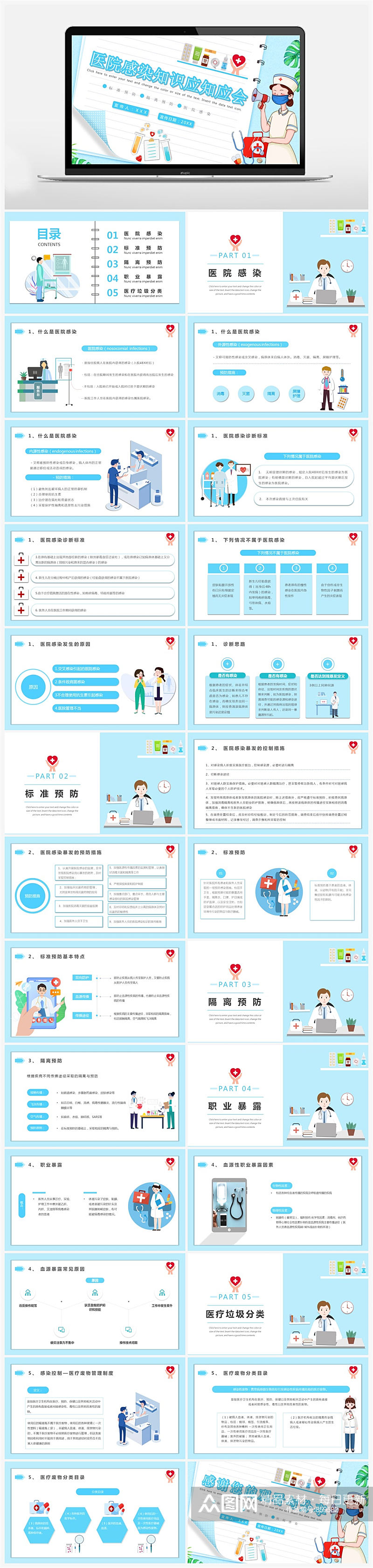 蓝色简约卡通风医院感染知识宣传教育PPT素材