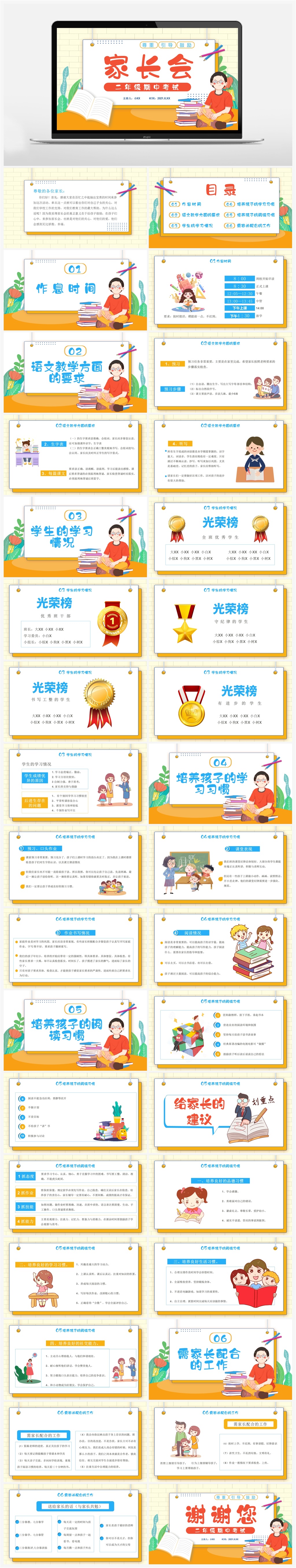 二年级期中考试家长会尊重引导鼓励PPT素材