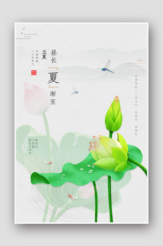 水墨荷花中国风二十四节气立夏海报