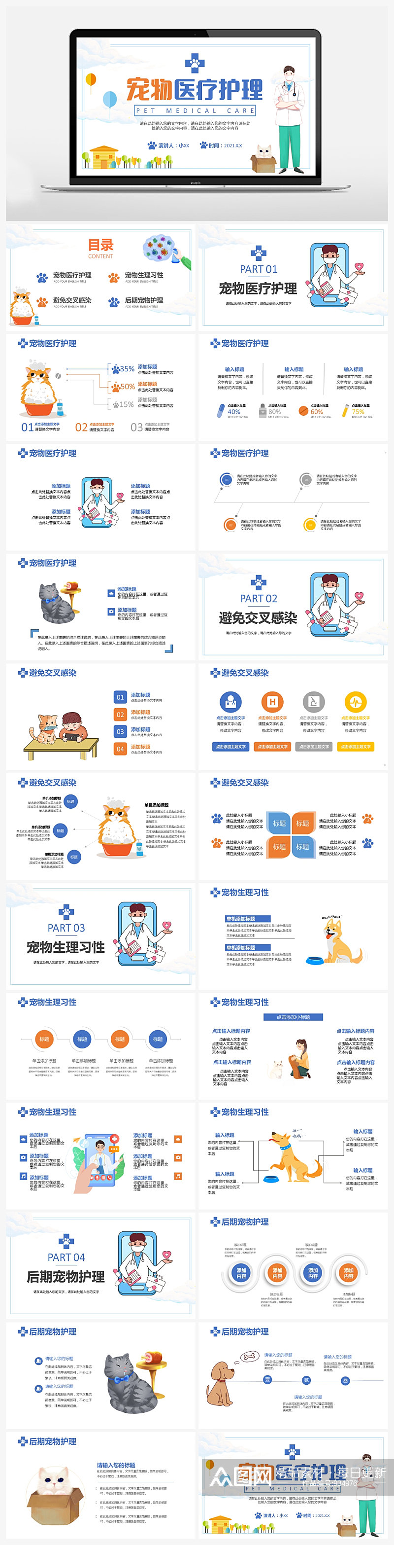 2021小清新宠物医疗护理教育培训PPT素材