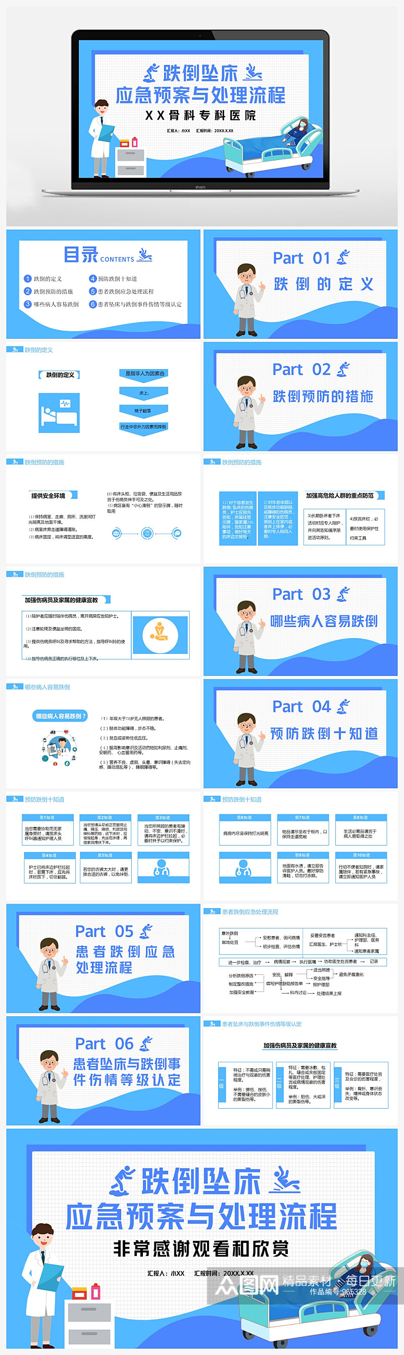 蓝色卡通跌倒坠床应急预案与处理流程PPT素材