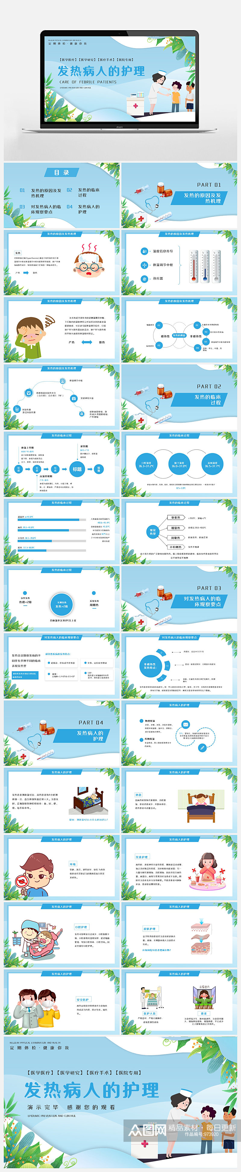 蓝色卡通风发热病人的护理PPT模板素材