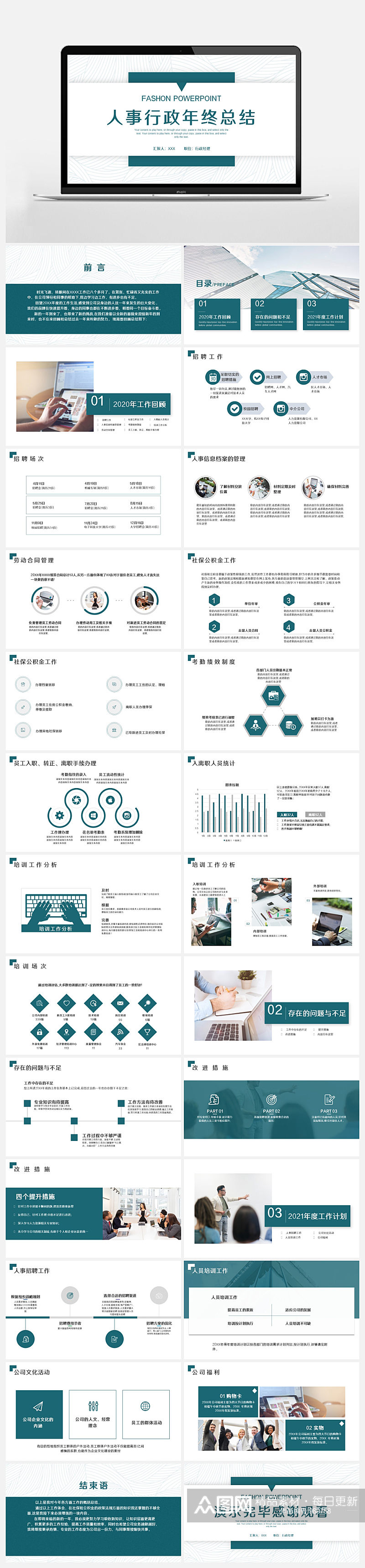 绿色简约人事行政年终总结PPT模板素材