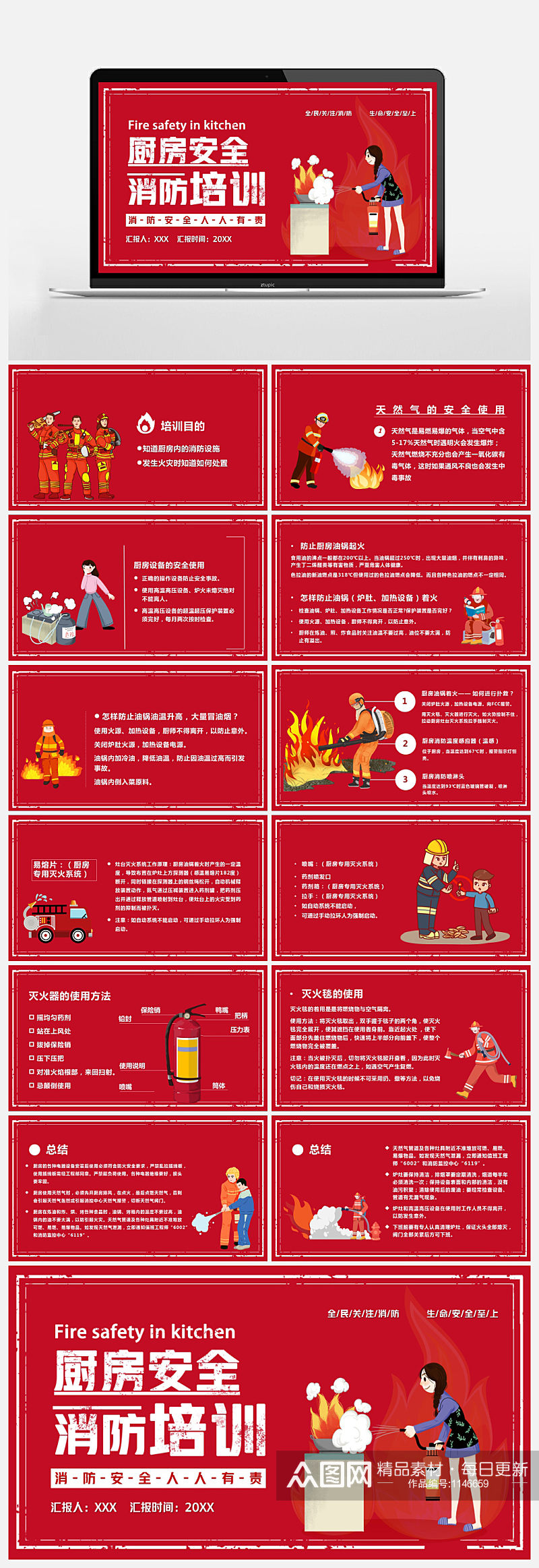 红色卡通风厨房安全消防培训PPT模板素材