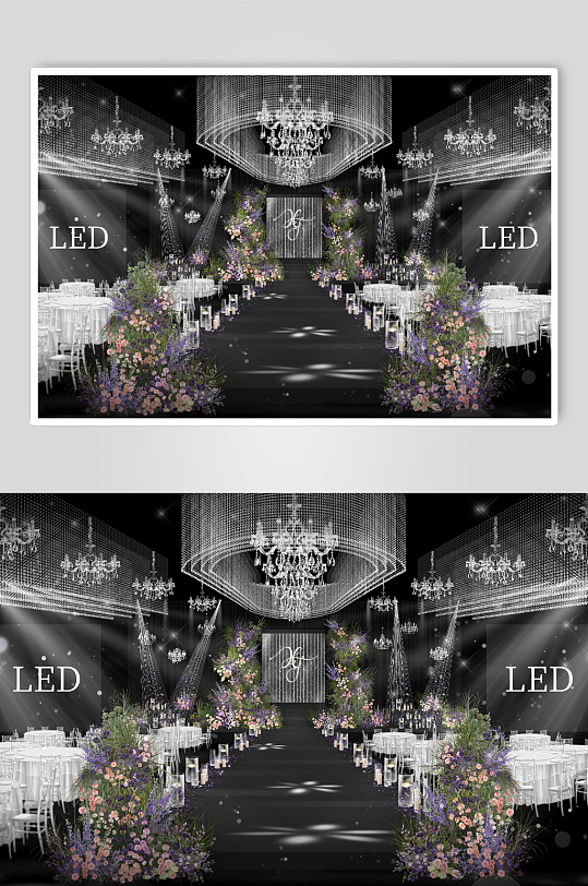 水晶水幕墙绿色紫色婚礼舞台效果图