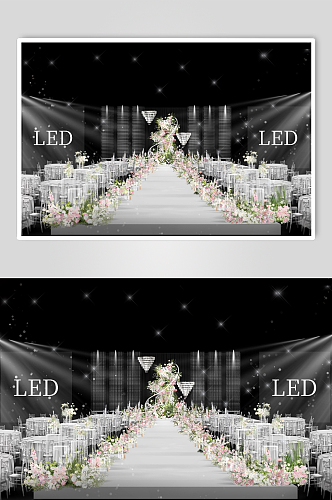 白绿粉花艺水晶舞台婚礼效果图