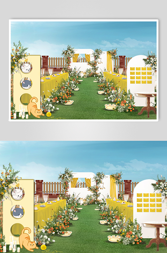 白黄猫咪户外草坪婚礼-众图网