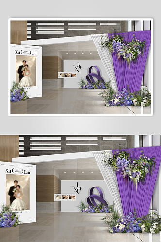 白紫色简约韩式婚礼签到照片墙效果图