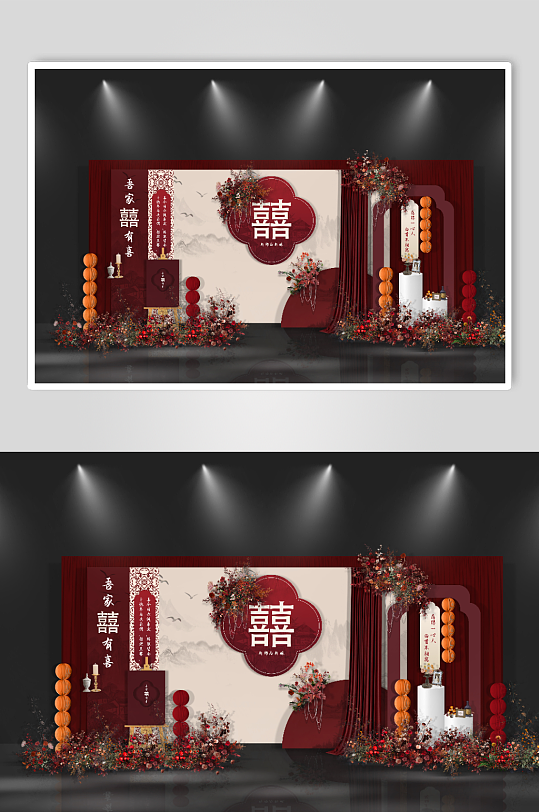 香槟红色中式婚礼订婚宴布置
