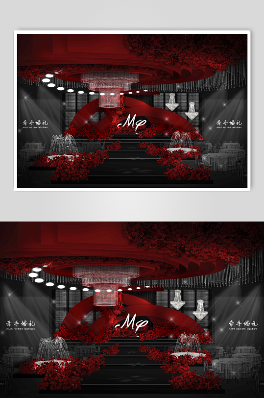 红色大气水晶红色吊顶婚礼效果图-众图网