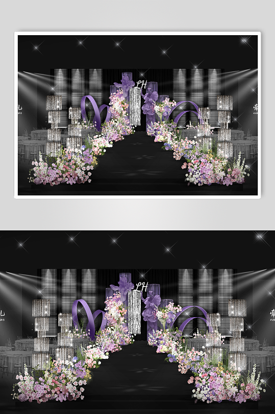 紫色布幔银色雨丝帘水晶婚礼效果图-众图网