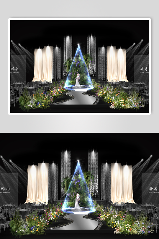 香槟色布幔大气线帘婚礼效果图-众图网