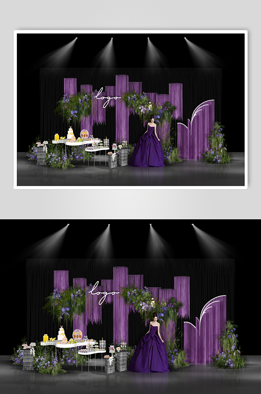 大气紫色线帘婚礼甜品台签到布置-众图网