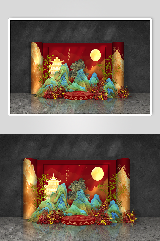 红色新中式婚礼签到布置-众图网