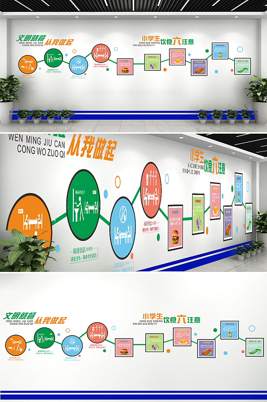 校园文化连廊墙小学饮食六注意文化墙