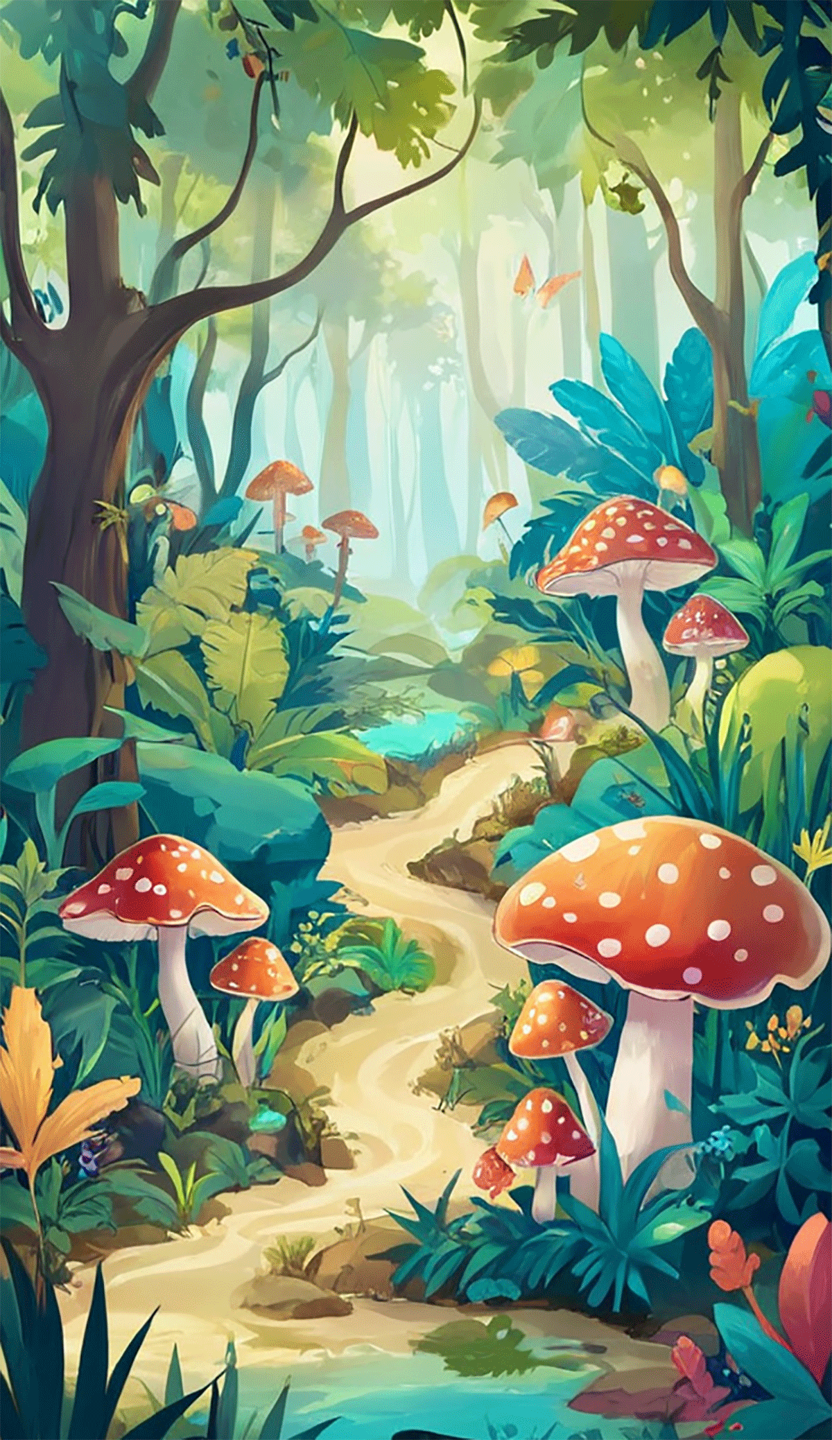 手绘森林河流小树插画素材