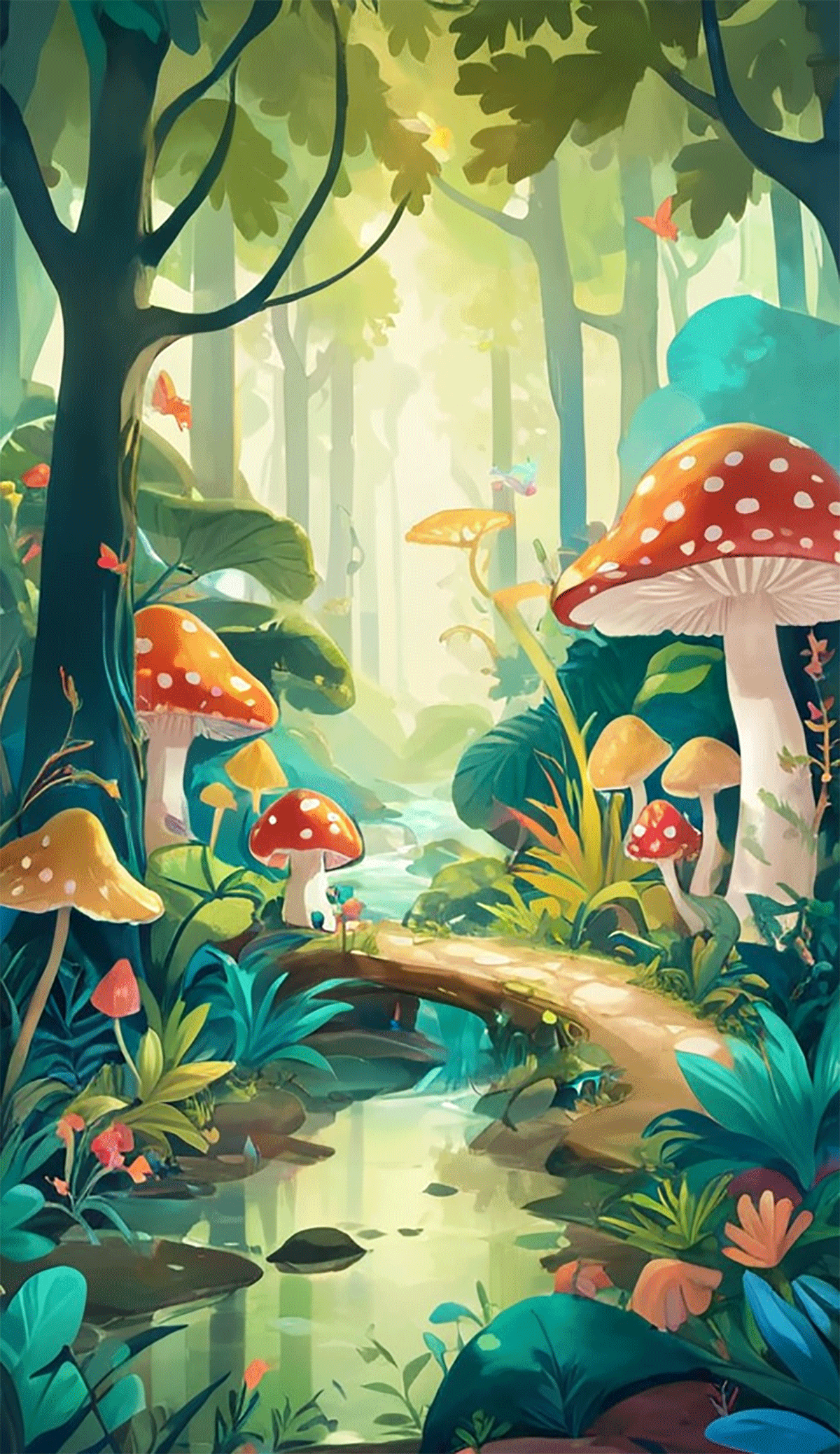 手绘森林河流小树插画素材