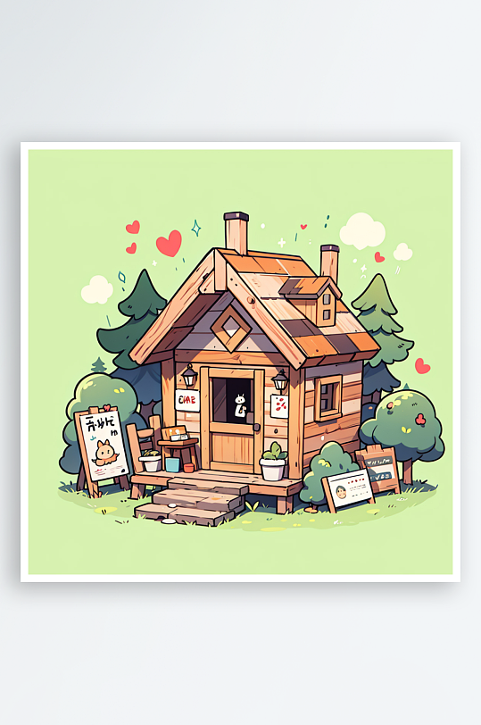 插画小木屋卡通可爱手绘屋子