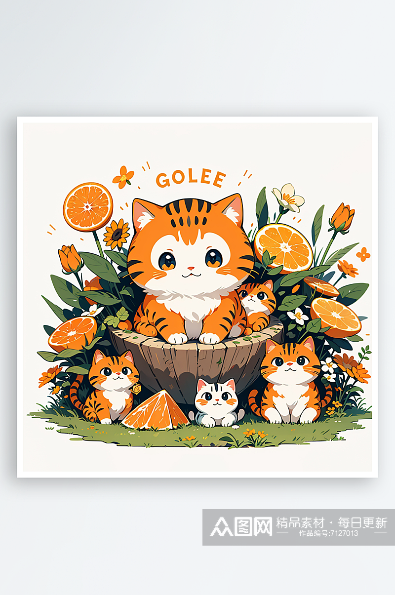草丛中的小橘猫插画手绘素材