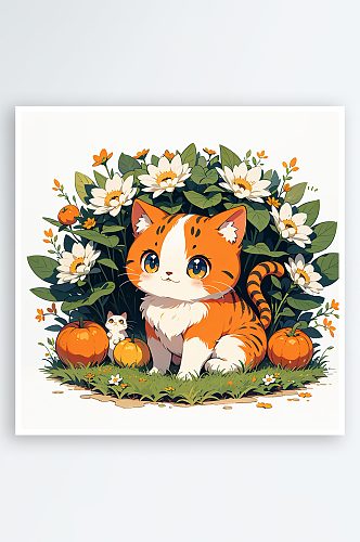 草丛中的小橘猫插画手绘