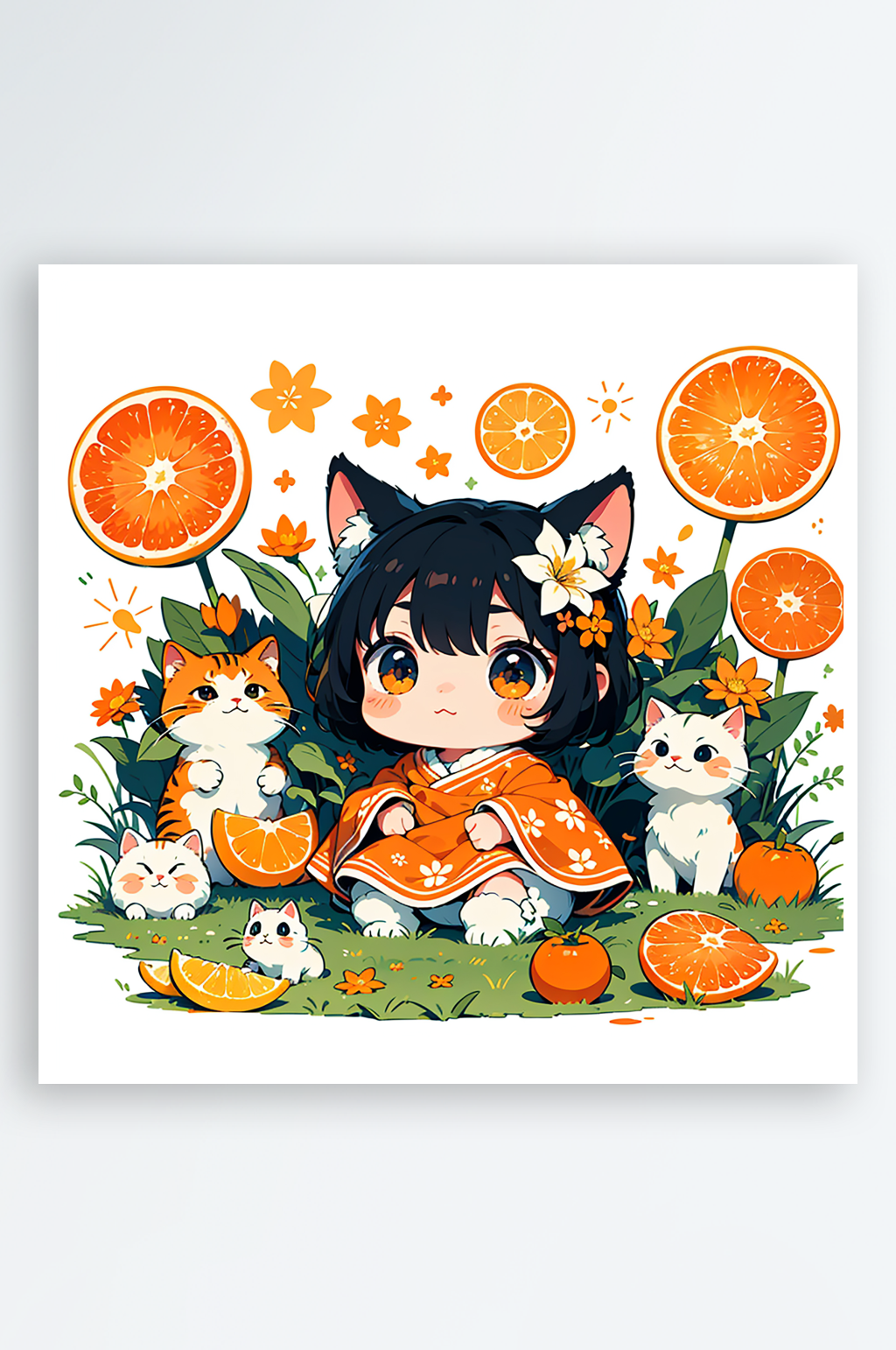 草丛中的小橘猫插画手绘素材