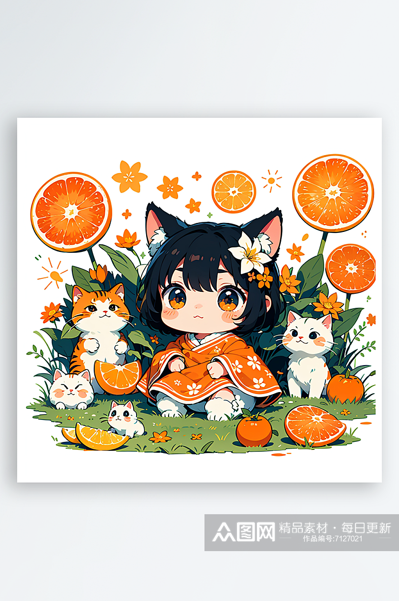 草丛中的小橘猫插画手绘素材