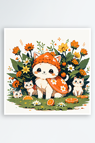草丛中的小橘猫插画手绘