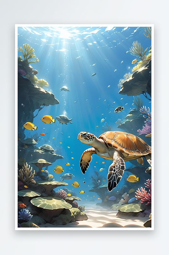 手绘海底世界海龟插画